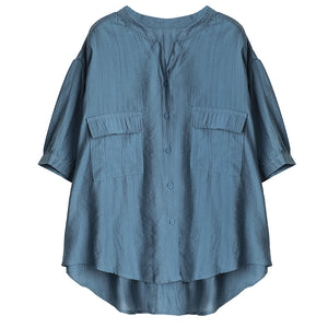 Áo sơ mi linen ngắn tay cổ V hai túi vuông - NU8560