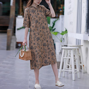 Đầm liền linen ngắn tay cổ V xếp ly khuy tròn in hoa lá - NU8437