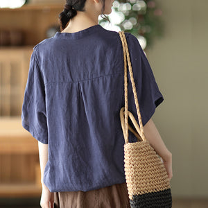Áo sơ mi linen ngắn tay cổ V túi tròn kiểu - NU7059