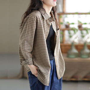 Áo sơ mi linen dài tay cổ đức kẻ sọc caro một túi vuông - NU7688