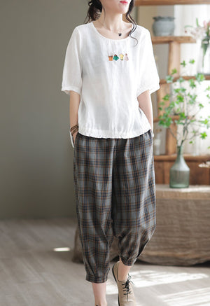 Quần baggy linen lưng thun kẻ sọc caro ống túm một túi sau - NU7423