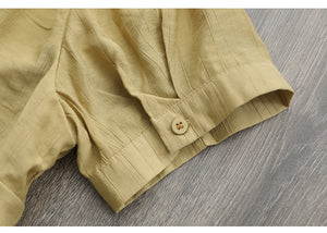 Áo sơ mi linen ngắn tay cổ tròn xếp ly tà lệch bo tròn - NU7388