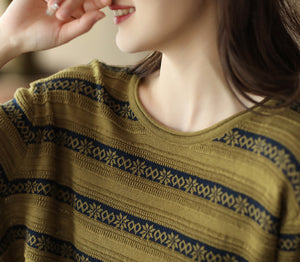 Áo T-shirt ngắn tay dệt kim kẻ sọc hoa văn retro - NU8490