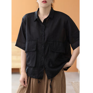 Áo sơ mi linen ngắn tay cổ đức hai túi vương có dây rút - NU7491
