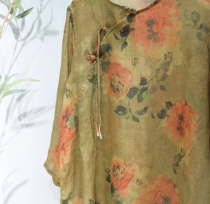 Áo sơ mi linen tay lửng cổ tròn vạt xéo khuy tròn in hoa văn - NU7269