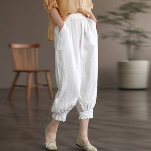 Quần baggy linen lưng thun ống túm thêm hoa lá - NU6990