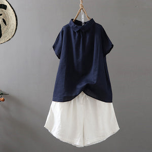 Áo sơ mi linen ngắn tay cổ pipi khuy cài sau một màu - NU8559
