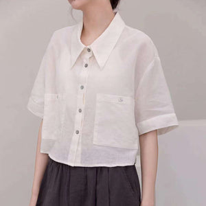 Áo sơ mi linen ngắn tay cổ sen nhọn hai túi vuông - NU7511