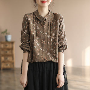 Áo sơ mi linen dài tay cổ đức xếp ly in hoa lá - NU8106