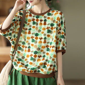 Áo T-shirt linen ngắn tay cổ tròn in hoa lá bo viền - A763