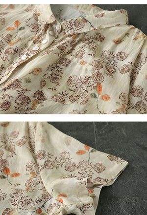 Áo sơ mi linen ngắn tay cổ pipi in hoa lá một túi nhỏ - NU6908
