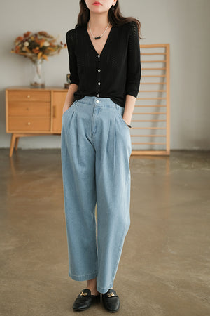 Quần baggy denim ống đứng lưng cao hai túi chéo - NU7387