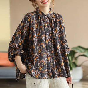Áo sơ mi linen dài tay cổ pipi xếp ly in hoa liti  - NU6719