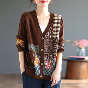 Áo khoác len cashmere dài tay cổ V hoa văn trừu tượng - NU7722