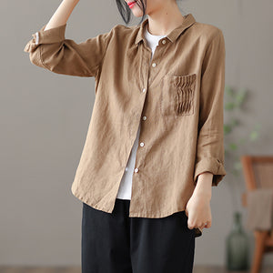 Áo sơ mi linen dài tay cổ pipi một túi xếp ly - NU6760
