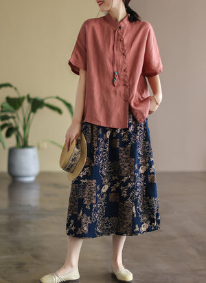 Áo sơ mi linen ngắn tay cổ đứng khuy tròn cài lệch - NU6918