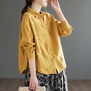 Áo sơ mi linen dài tay cổ đức thêu hoa đối xứng - NU6676