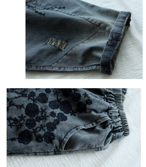 Quần baggy denim retro lưng thun sờn thêu hoa văn - NU6619