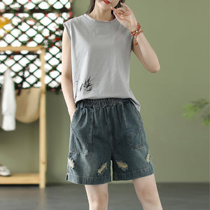 Quần sooc denim lưng thun túi vuông kiểu sờn rách - NU7119