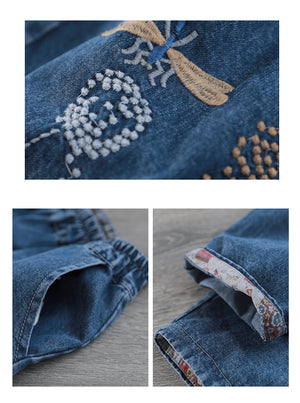 Quần baggy denim thêu chuồn chuồn và hoa bồ công anh - NU7602