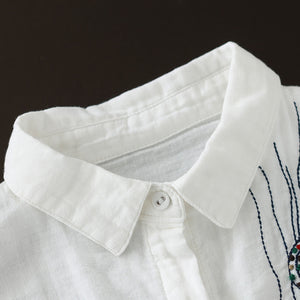 Áo sơ mi linen dài tay cổ đức một màu thêu trừu tượng - NU8150