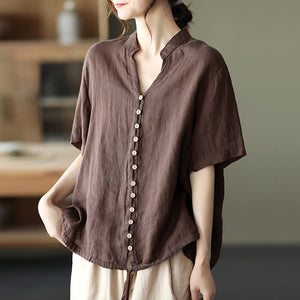 Áo sơ mi linen ngắn tay cổ đứng dây rút vạt áo - NU7016