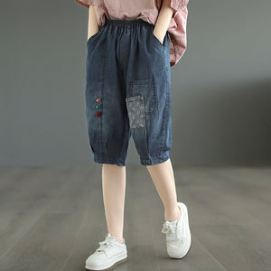 Quần baggy lửng denim lưng thun  hai túi kiểu đính màu sắc - NU8637