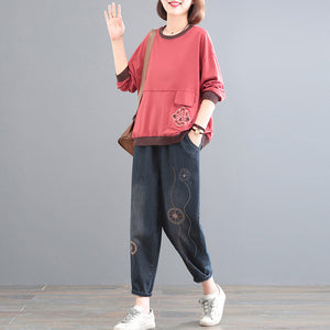 Quần baggy denim lưng thun thêu vòng tròn trừu tượng - NU7787