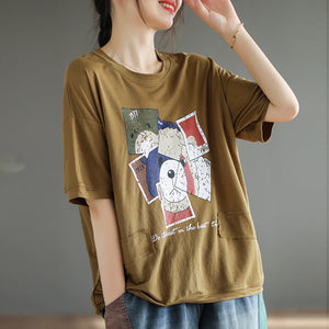 Áo T-shirt linen dệt kim ngắn tay cổ tròn in mặt chú gấu - NU8537