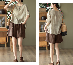 Áo T-shirt linen ngắn tay cổ tròn bốn khuy - NU7421