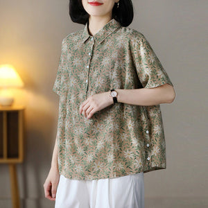 Áo sơ mi linen ngắn tay cổ đức in hoa lá bốn khuy - NU7537