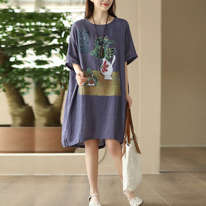 Đầm liền linen ngắn tay cổ tròn in bức tranh tĩnh vật - NU8668