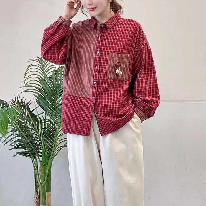 Áo sơ mi dài tay cổ đức kẻ sọc caro túi đính hoa - NU8154