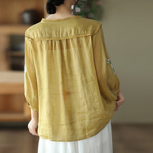 Áo sơ mi linen ngắn tay cổ V thêu hoa lá đối xứng - NU7526