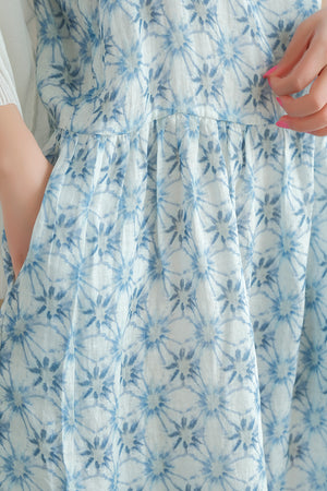 Đầm liền linen hai dây cổ V in hoa lá - NU7071