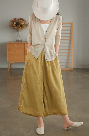 Quần baggy linen lưng cao ống rộng thêu sợi màu ziczac - NU7230