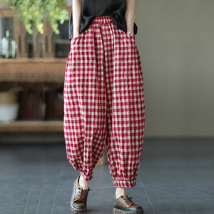 Quần baggy linen lưng thun kẻ sọc caro ống túm - NU7111