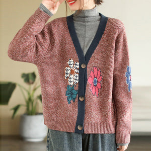 Áo khoác len cardigan dài tay cổ V móc những bông hoa - NU8065