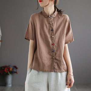 Áo sơ mi linen ngắn tay cổ pipi khuy tròn màu sắc - NU5682