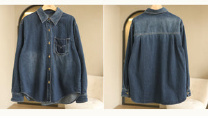 Áo sơ mi denim dài tay cổ đức form dài túi tam giác kiểu - NU8300