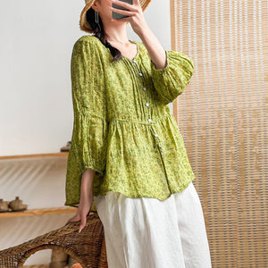 Áo sơ mi linen tay lửng cổ tròn xếp ly in hoa liti - NU7214