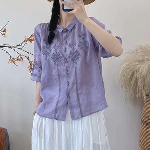 Áo sơ mi linen ngắn tay cổ pipi thêu những bông tuyết đối xứng - NU7182