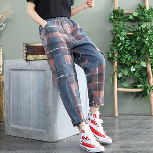 Quần baggy denim retro lưng thun kẻ sọc caro - NU8205