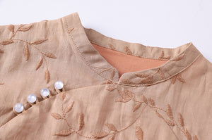 Đầm liền linen ngắn tay cổ đứng khuy lệch thêu hoa lá - NU8372