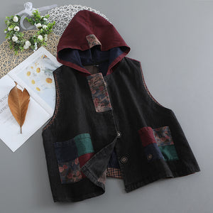 Áo khoác denim sát nách có mũ phối mảng màu - NU7601