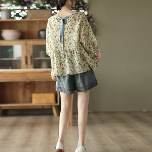 Áo T-shirt linen ngắn tay cổ tròn thắt nơ sau in hoa lá - NU7406