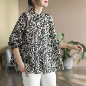 Áo sơ mi linen dài tay cổ pipi xếp ly hoa văn trừu tượng - NU6727