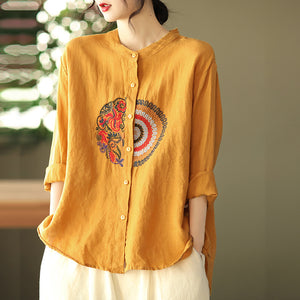 Áo sơ mi linen dài tay cổ tàu thêu hoa văn retro trước ngực - NU6708