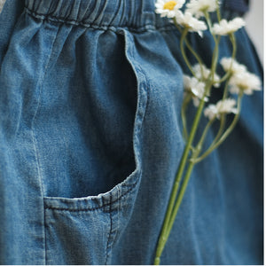 Quần sooc denim lưng thun dây rút hai sọc - NU7510