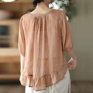 Áo sơ mi linen ngắn tay cổ lá sen ba khuy kiểu thêu hoa văn - NU7164